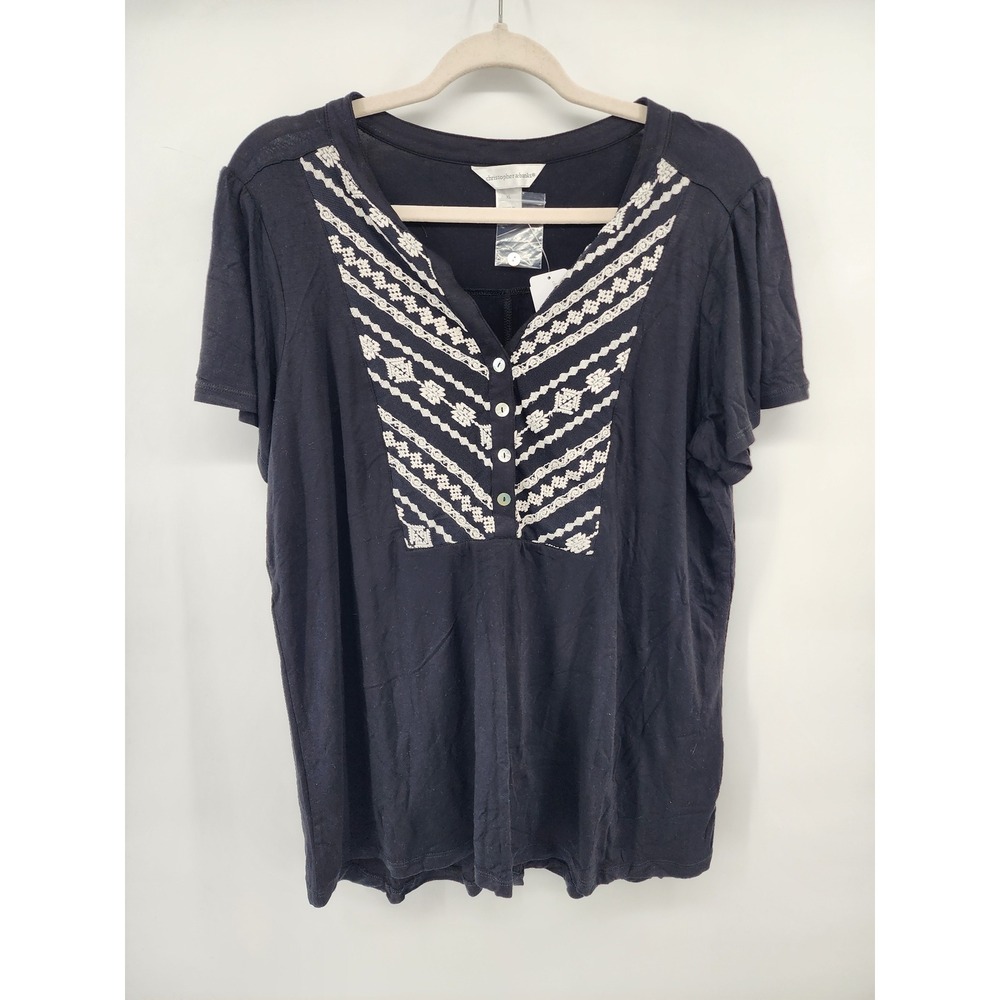 Christopher & Banks Womens XL Black Embroidered Henley Short Sleeve Knit Top NEW